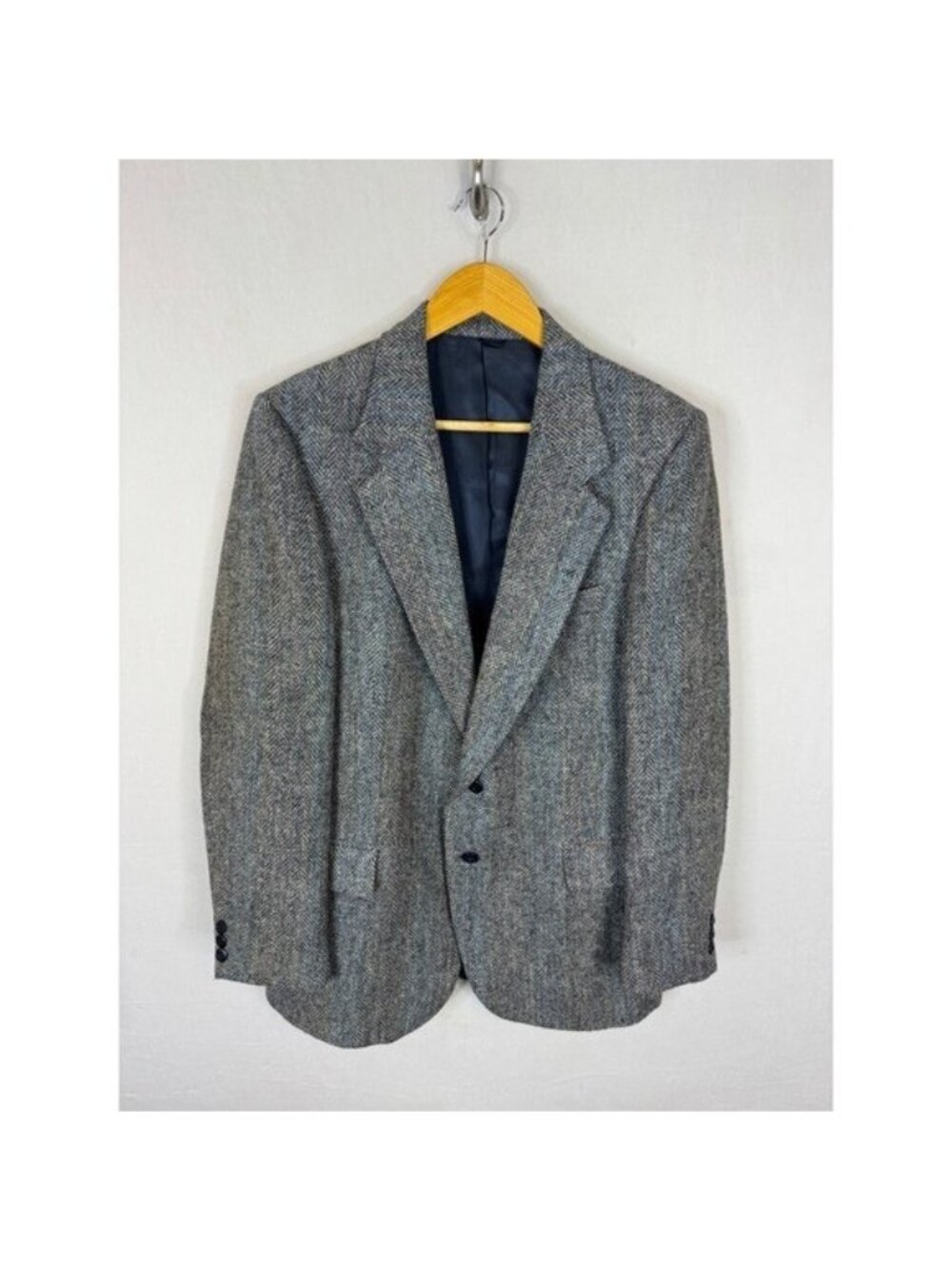 Harris Tweed The Bay Mens Grey Herringbone Wool Blazer Sport Coat 42R Vintage